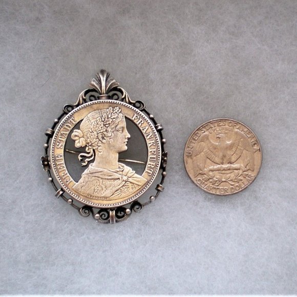 Antique Sterling 1859 Germany Frankfurt Veneinsthaler Coin Pendant Brooch Pin - Picture 2 of 3